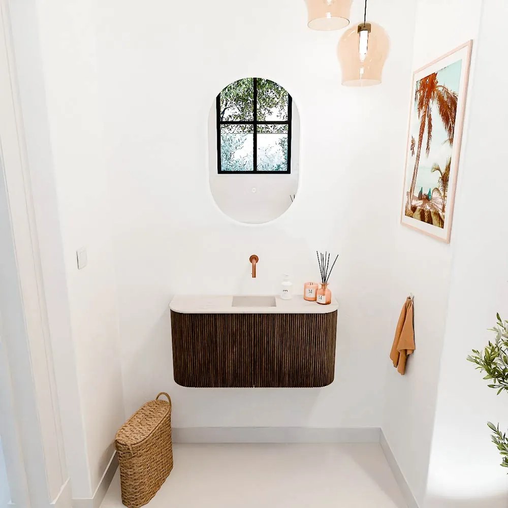 Mondiaz Joya DLux 85cm toiletmeubel ronding links/rechts walnut met wastafel faye midden zonder kraangat meli