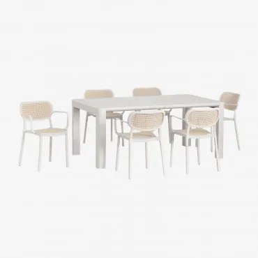 Arnadine Rechthoekige Tafelset (180x100 Cm) En 6 Stapelbare Eetkamerstoelen Met Omara Armleuningen Gardenia Wit - Sklum