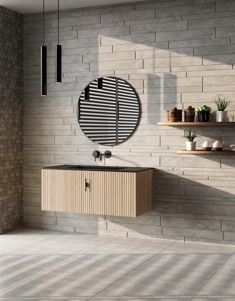 Muebles Raya badmeubel ribbelfront 100cm naturel eiken met zwarte wastafel zonder kraangat