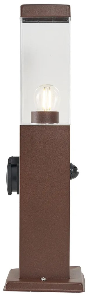 Buitenlamp roestbruin met helder glas 45cm IP44 met stopcontact en bewegingssensor - Malios Modern E27 IP44 Buitenverlichting