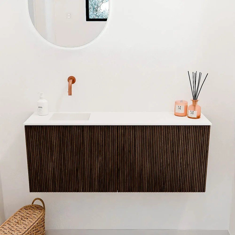 Mondiaz Joya 100cm toiletmeubel walnut met wastafel faye links zonder kraangat talc