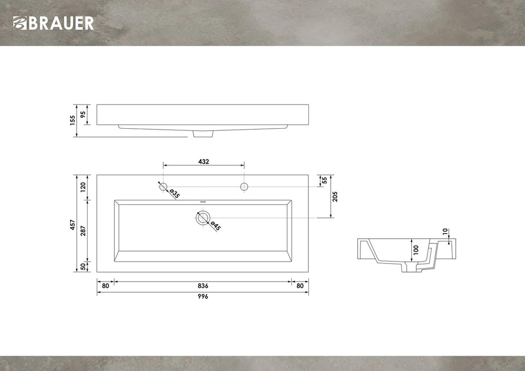 Brauer Solar Thick wastafel mineraalmarmer 100cm met 2 kraangaten wit glans