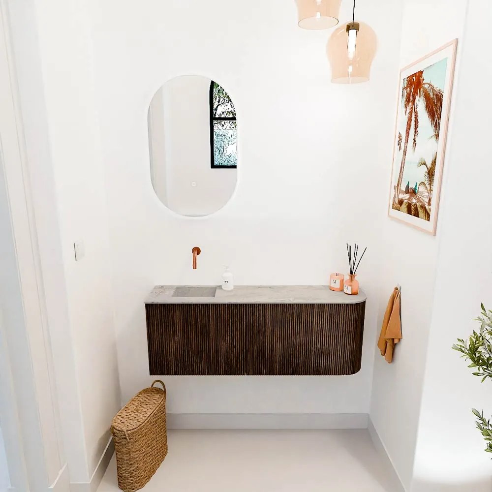 Mondiaz Joya DLux 110cm toiletmeubel ronding rechts walnut met wastafel faye links zonder kraangat glace