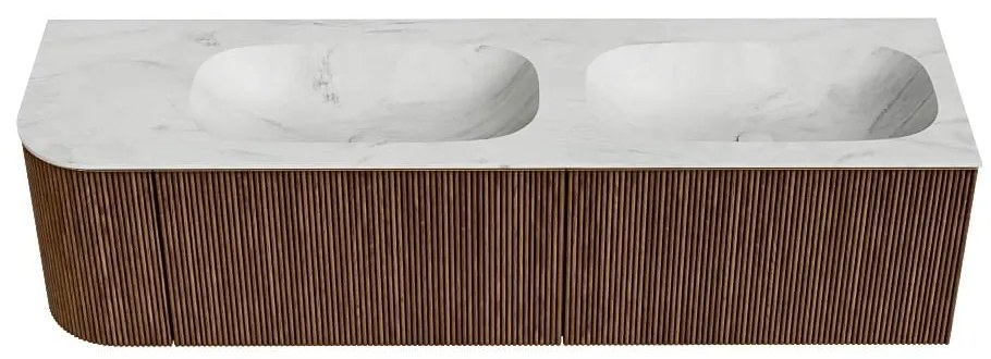 Mondiaz Kurve-dlux 165cm badmeubel ronding links walnut met 2 lades en 1 deur en wastafel stor small dubbel/rechts zonder kraangat opalo