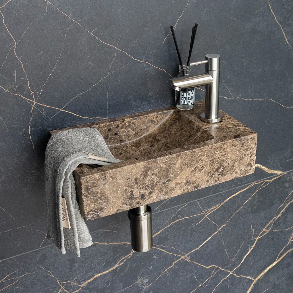 Saniclear Dark Emperador fonteinset met rechte kraan in RVS