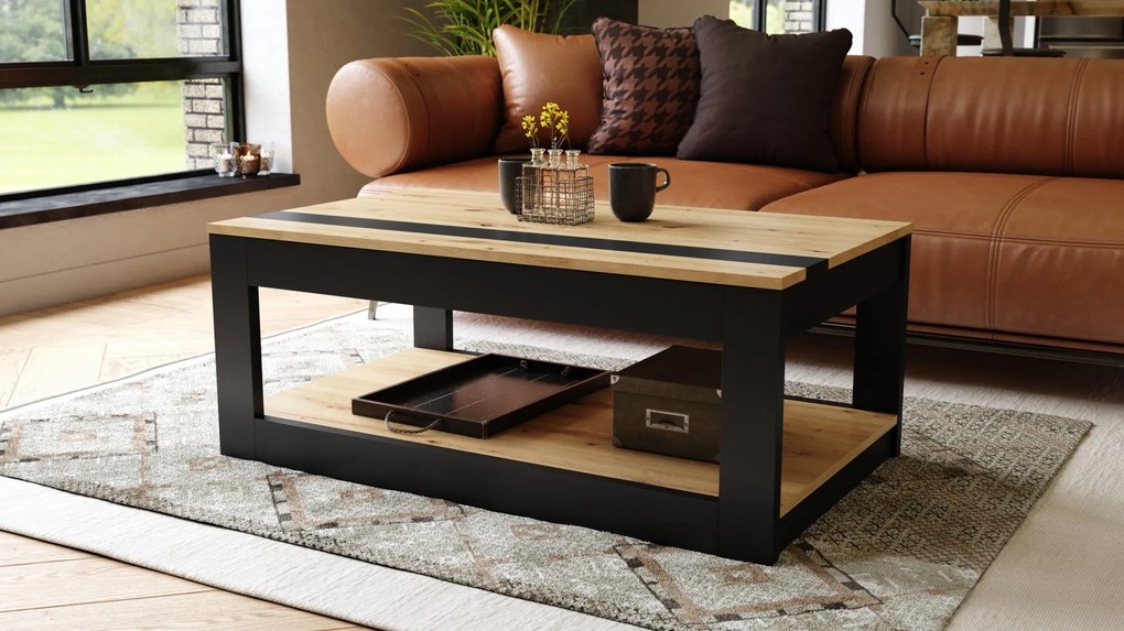LUSSO Artisan Eik/Zwart mat - MODERNE SALONTAFEL MET VERHOOGD BLAD + OPBERGRUIMTE + SCHAP (OP WIELEN!)
