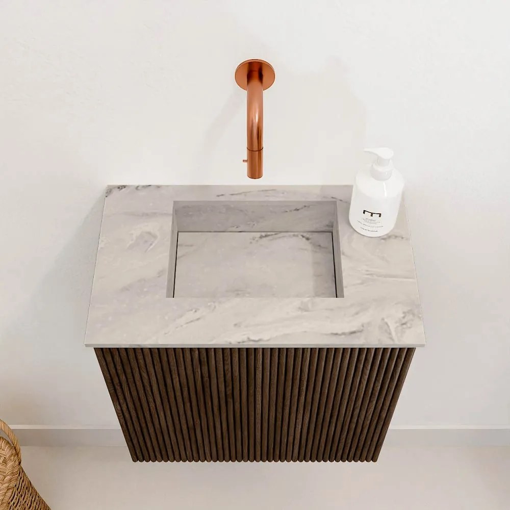 Mondiaz Joya DLux 40cm toiletmeubel walnut met wastafel faye midden zonder kraangat glace