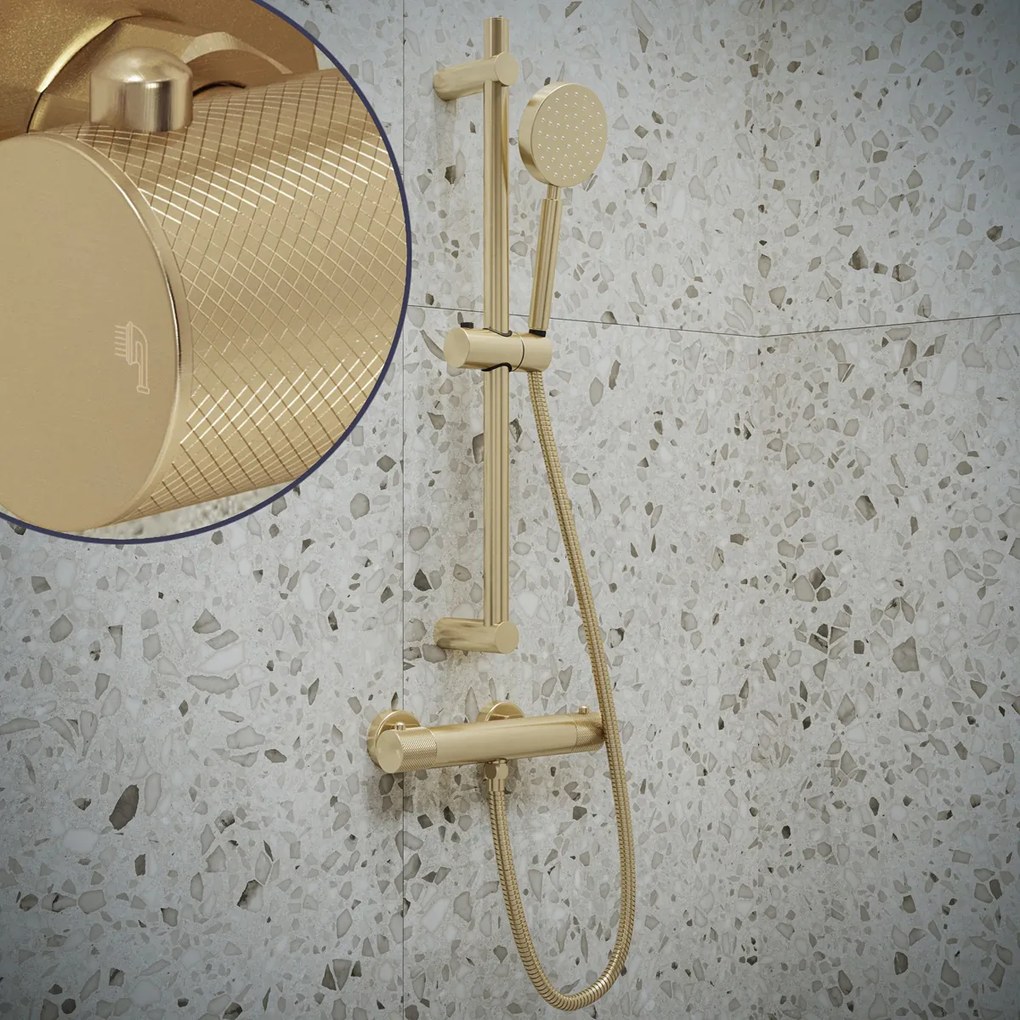 Saniclear Brass Curved doucheset geborsteld messing / mat goud met thermostatische kraan, handdouche en glijstang