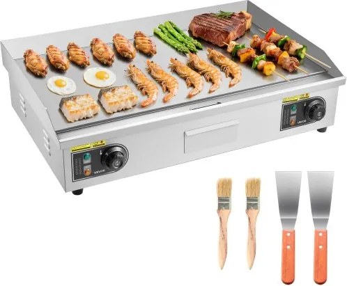 VEVOR Commerciële elektrische bakplaat 4400 W, tafelmodel grillplaat 725x400 mm grilloppervlak, 50–300 °C elektrische grill met 2 spatels, 2 borstels en 4 voetjes, voor steaks, pannenkoeken, pizza, zonder stekker