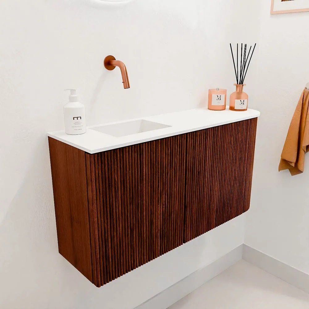Mondiaz Joya 80cm toiletmeubel ronding rechts ruby met wastafel faye links zonder kraangat talc