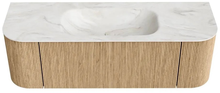 Mondiaz Kurve-dlux 140cm badmeubel ronding links/rechts oak met 1 lade en 2 deuren en wastafel big small midden 1 kraangat ostra