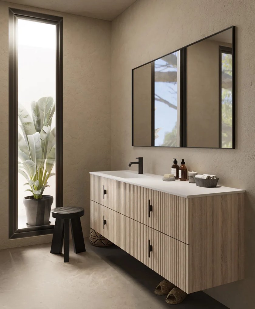 Muebles Avila badmeubel ribbelfront 160cm naturel eiken met wastafel links met kraangat