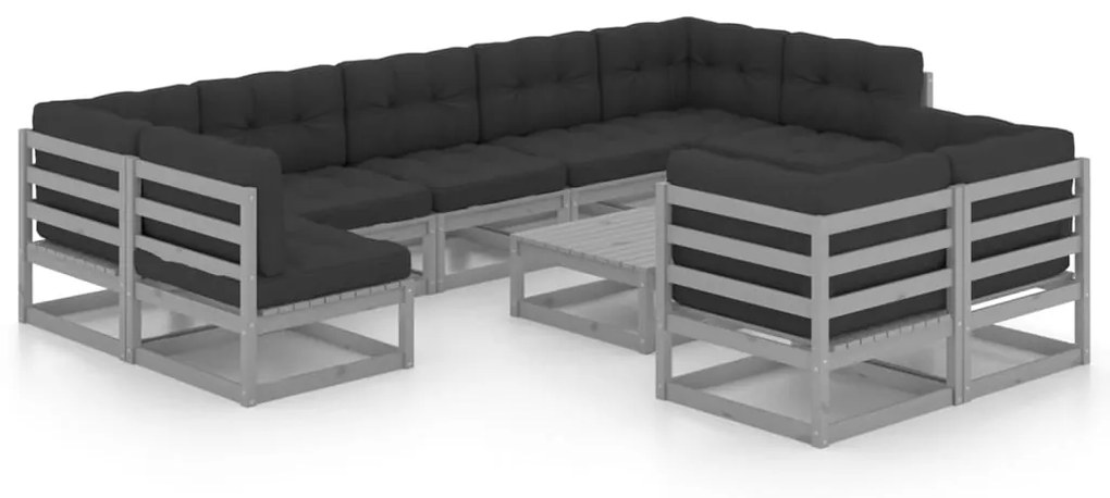 vidaXL 10-delige Loungeset met kussens massief grenenhout grijs