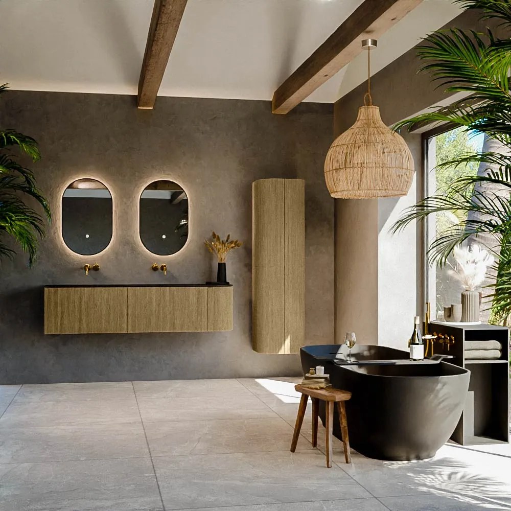 Mondiaz Kurve 165cm badmeubel ronding rechts dusk met 2 lades en 1 deur en wastafel big small dubbel/links zonder kraangat urban