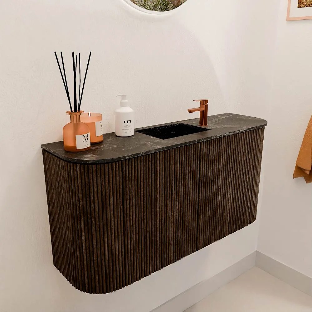 Mondiaz Joya DLux 85cm toiletmeubel ronding links/rechts walnut met wastafel faye midden 1 kraangat lava