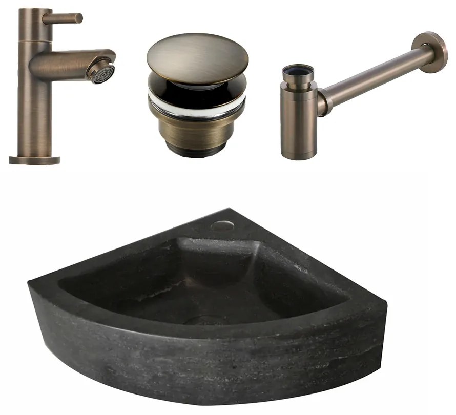 Lambini Designs Corner natuursteen fonteinset met verouderd messing kraan en toebehoren