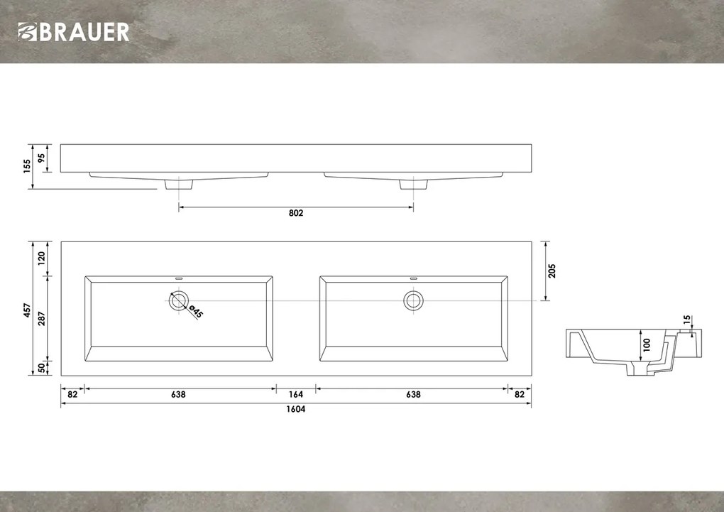 Brauer Solar Thick dubbele wastafel mineraalmarmer 160cm zonder kraangaten wit glans