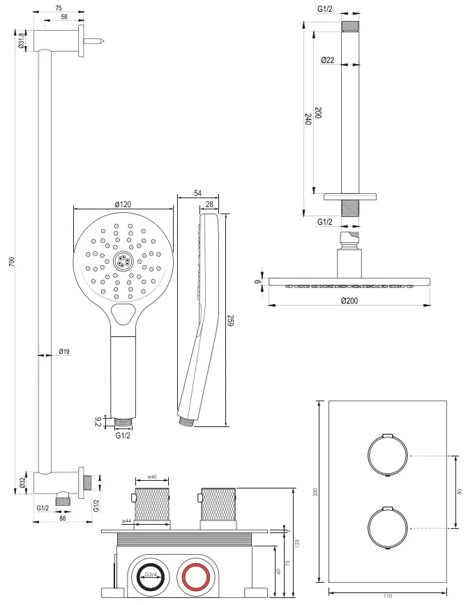 Brauer Gunmetal Carving complete inbouw regendouche set 47 met 20cm douchekop, plafondarm, 3 standen handdouche en glijstang gunmetal geborsteld PVD