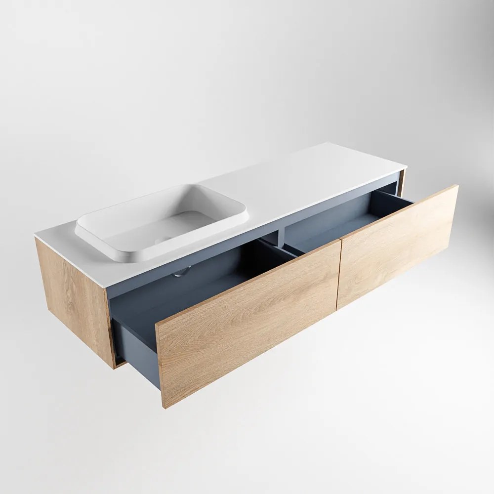 Mondiaz Erin 150cm badmeubel Washed Oak met 2 lades en witte wastafel links zonder kraangaten