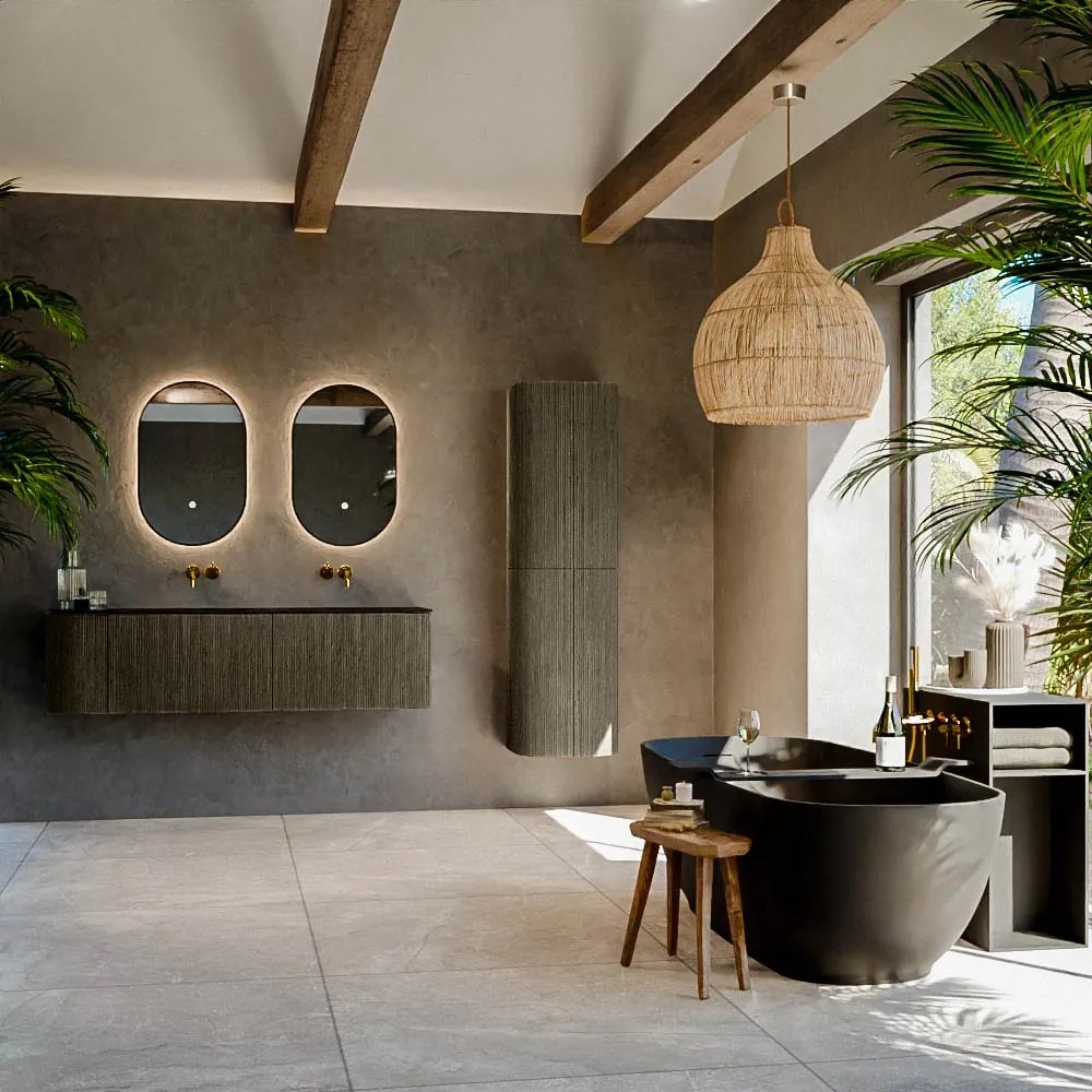 Mondiaz Kurve 155cm badmeubel ronding links shadow met 2 lades en 1 deur en wastafel cloud dubbel/rechts zonder kraangat urban