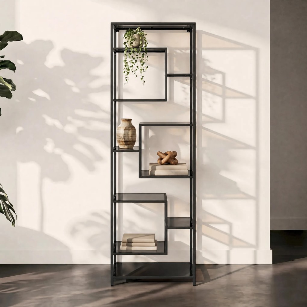 Smal Hoog Wandrek Staal Met Glas Zwart - 60x30x195cm.