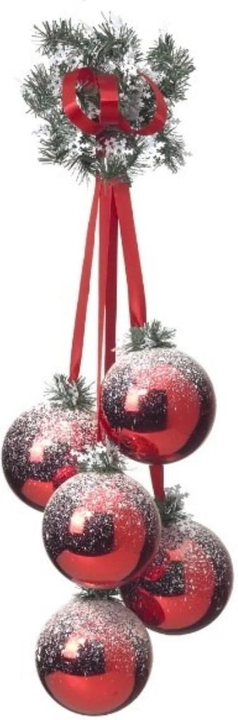 Hangende rode kerstballen 5 stuks 10 cm met sneeuw