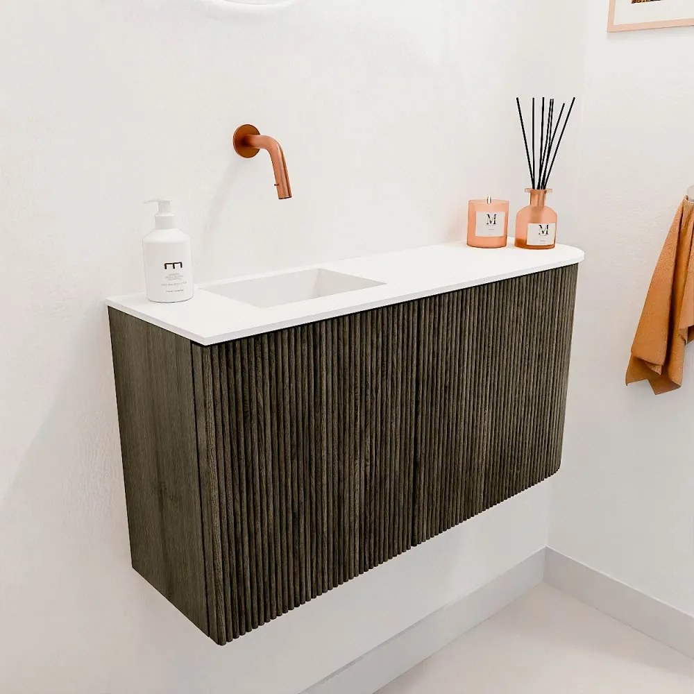 Mondiaz Joya 80cm toiletmeubel ronding rechts shadow met wastafel faye links zonder kraangat talc