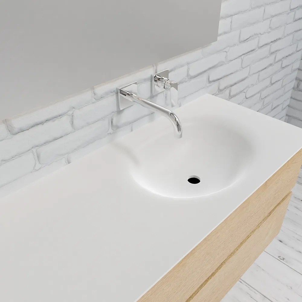 Zaro Sevilla Solid Surface badmeubel 150cm licht eiken zonder kraangat spoelbak rechts met 2 lades