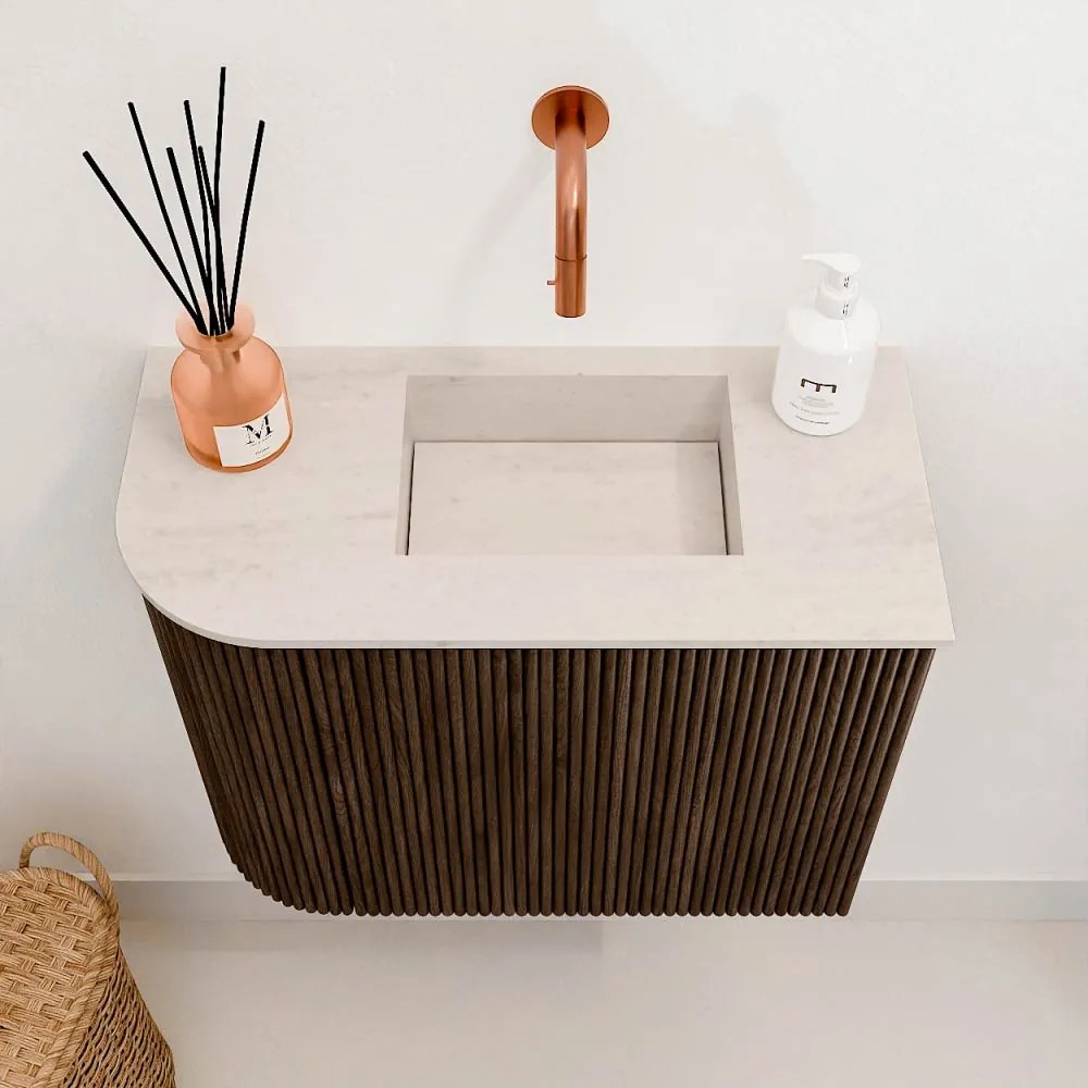 Mondiaz Joya DLux 50cm toiletmeubel ronding links walnut met wastafel faye rechts zonder kraangat meli