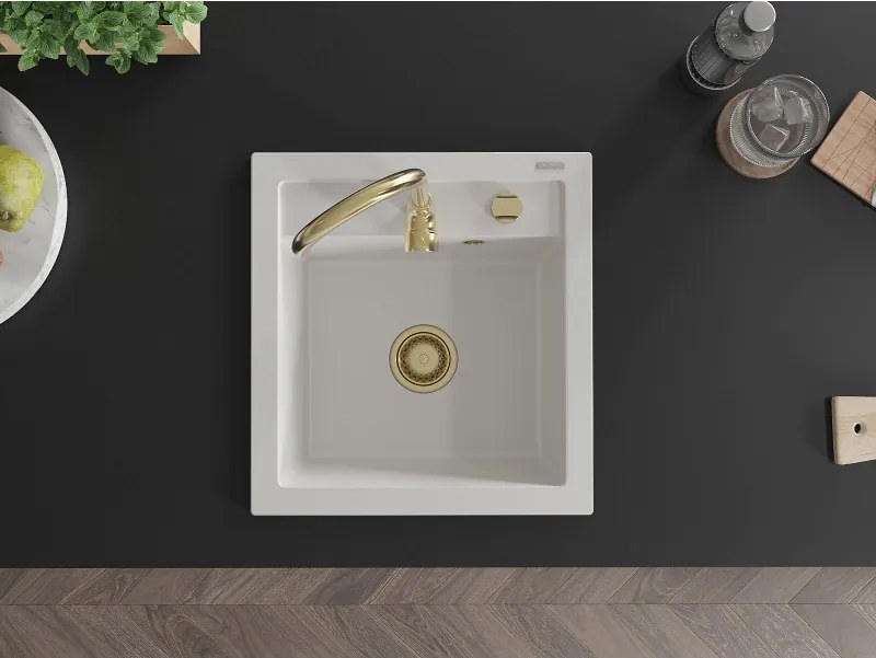 Mexen Vito 1-komerige granieten gootsteen 520 x 490 mm, wit, gouden sifon - 6503521000-20-G