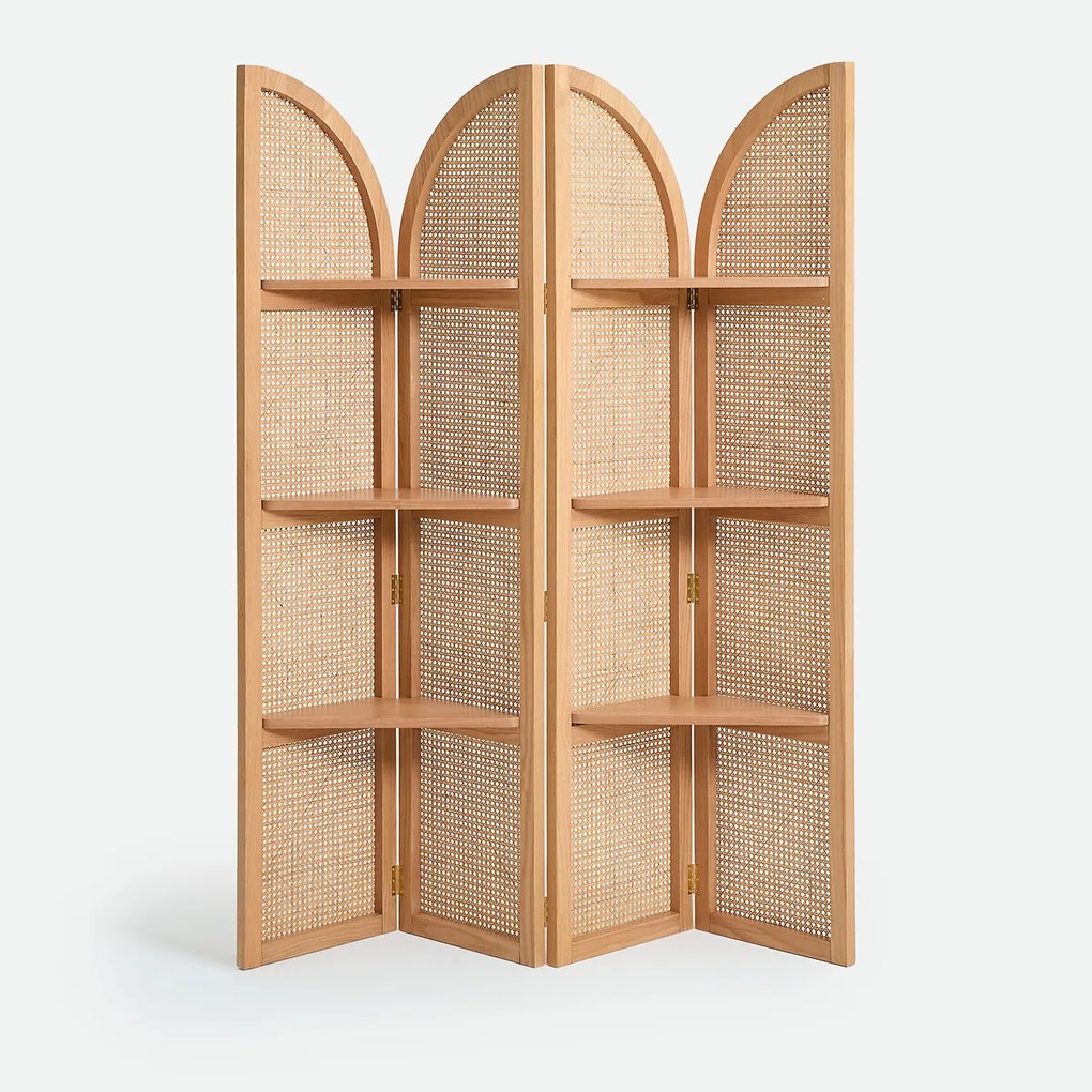 Kamerscherm met 4 panelen, 6 planken, van massief eikenhout, gefineerd en met rietvlechtwerk, MATHEO