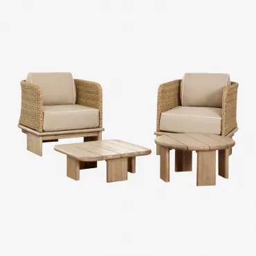 Tuinset Met 2 Fauteuils En 2 Salontafels In Rotan En Acaciahout Famara Lichte Acaciekleur - Sklum