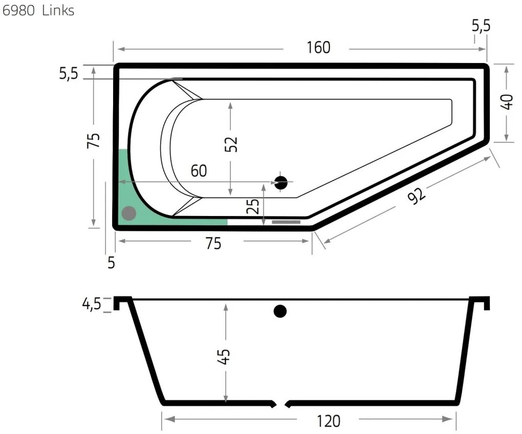 Xenz Lagoon Compact badkuip links 160x75x40cm edelweis