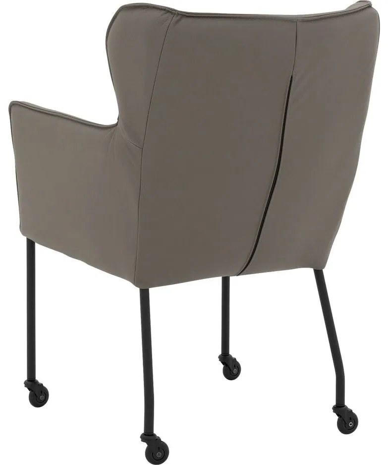 Goossens Excellent Eetkamerstoel Leogang grijs leer met armleuning en Zwart skater wiel met zwarte kapmet wielen, elegant chic