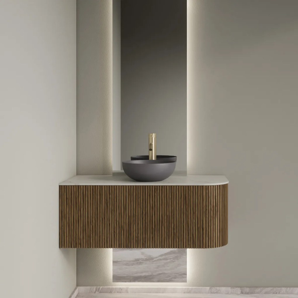 Gliss Design Alluro badmeubel ribbelfront met ronding rechts 100cm castle brown en wit marmer toppaneel