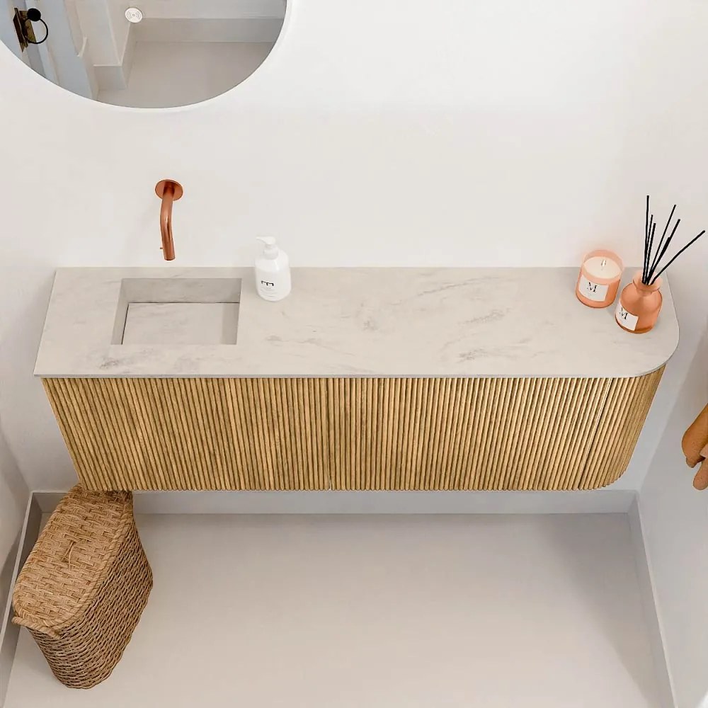 Mondiaz Joya DLux 110cm toiletmeubel ronding rechts oak met wastafel faye links zonder kraangat opalo