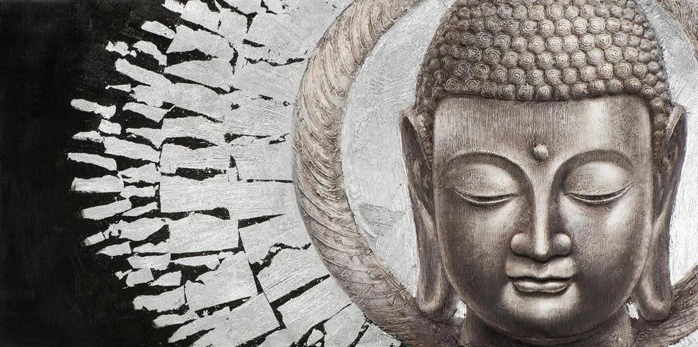 Fine Asianliving Schilderij Boeddha Gezicht Zwart Achtergrond Liggend Metal Foil 3D