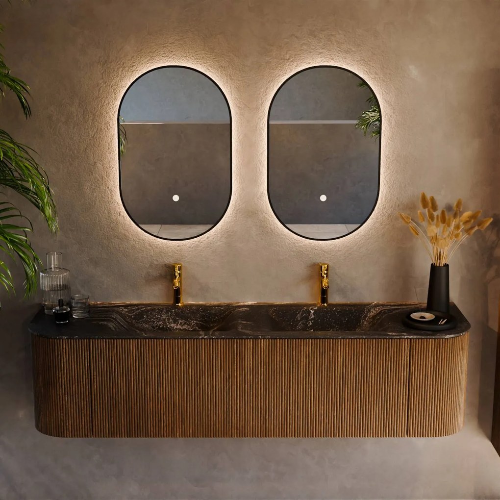 Mondiaz Kurve-dlux 170cm badmeubel ronding links/rechts dusk met 1 lade en 2 deuren en wastafel leaf dubbel 2 kraangaten lava