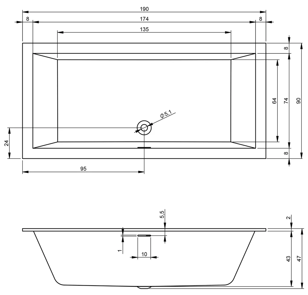Riho Rethink Cubic inbouw ligbad 190x90cm wit glans met Fall overloop