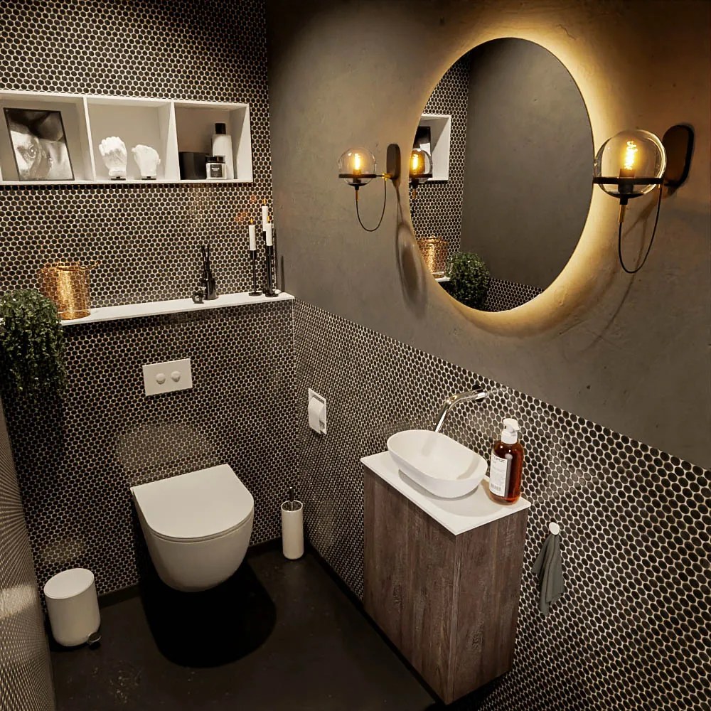 Mondiaz Fowy toiletmeubel 40cm dark brown met witte waskom midden zonder kraangat