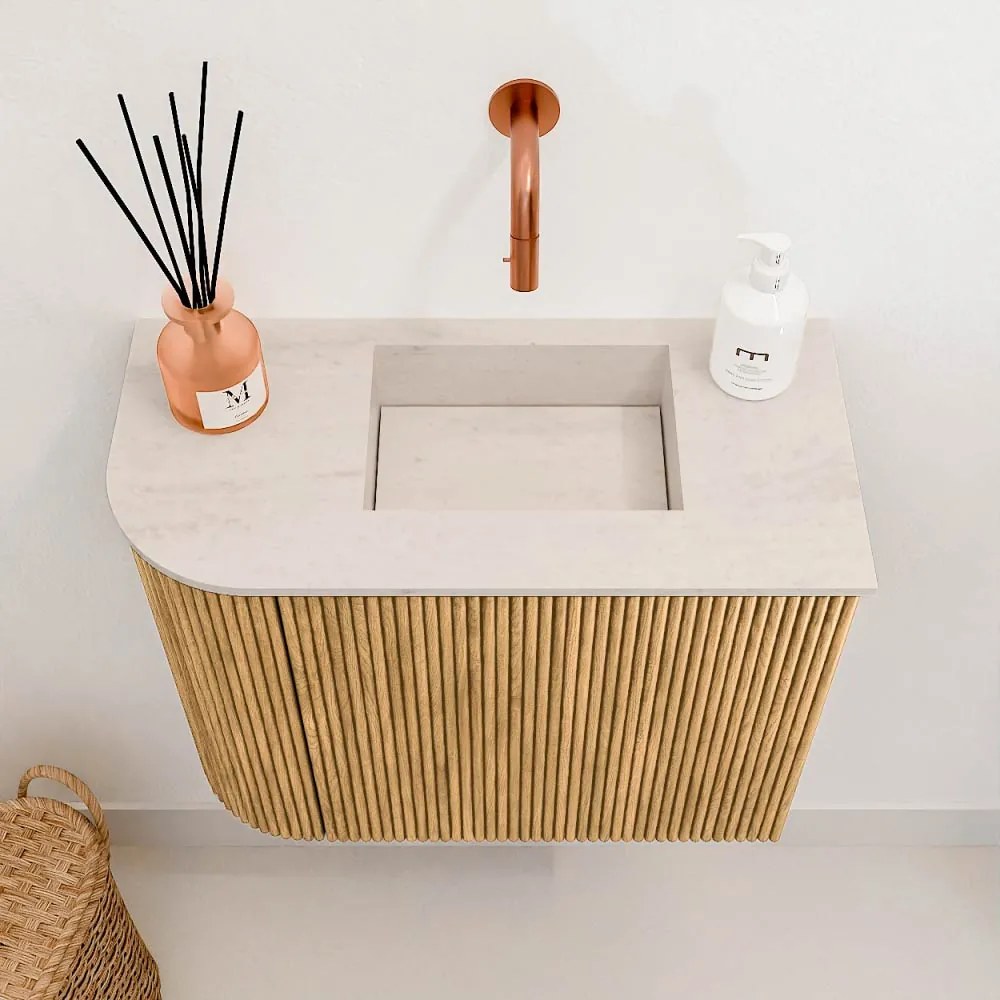 Mondiaz Joya DLux 50cm toiletmeubel ronding links oak met wastafel faye rechts zonder kraangat meli