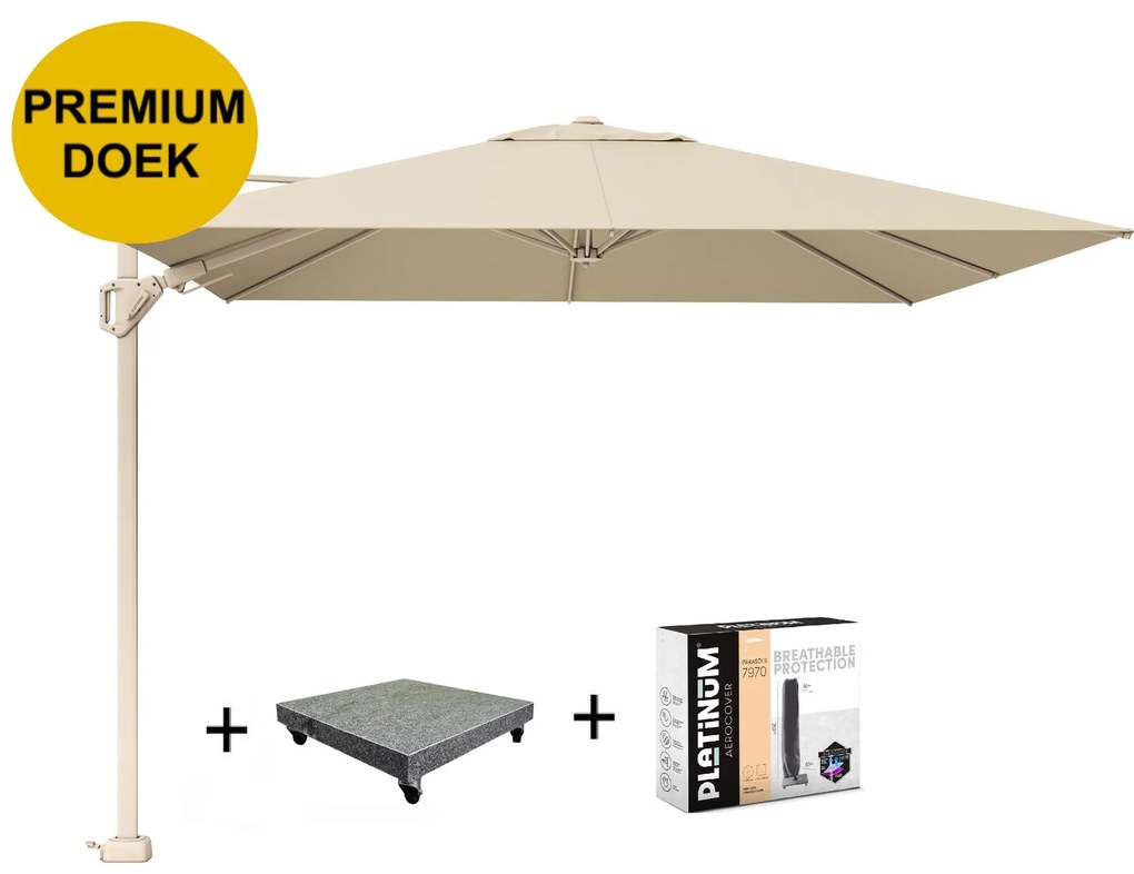 Challenger T2 premium parasol 300x300 cm sandstone champagne met 90KG voet en hoes