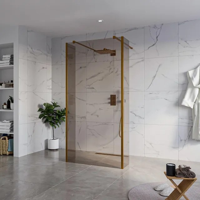 Fortifura Galeria Vrijstaande Inloopdouche - 100x200cm - Rookglas - antikalk - 8mm veiligheidsglas - 2 zijwanden 40cm - wandsteunen en hoekprofielen - Geborsteld koper PVD (Koper) SW927772 2x/SW797940/SW797934 2x/SW876703 2x