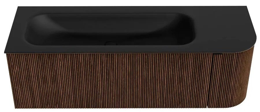Mondiaz Kurve 135cm badmeubel ronding rechts walnut met 1 lade en deur en wastafel big medium kraangat links urban