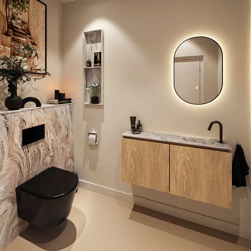 Mondiaz Ture DLux toiletmeubel 100cm washed oak met wastafel glace rechts met kraangat