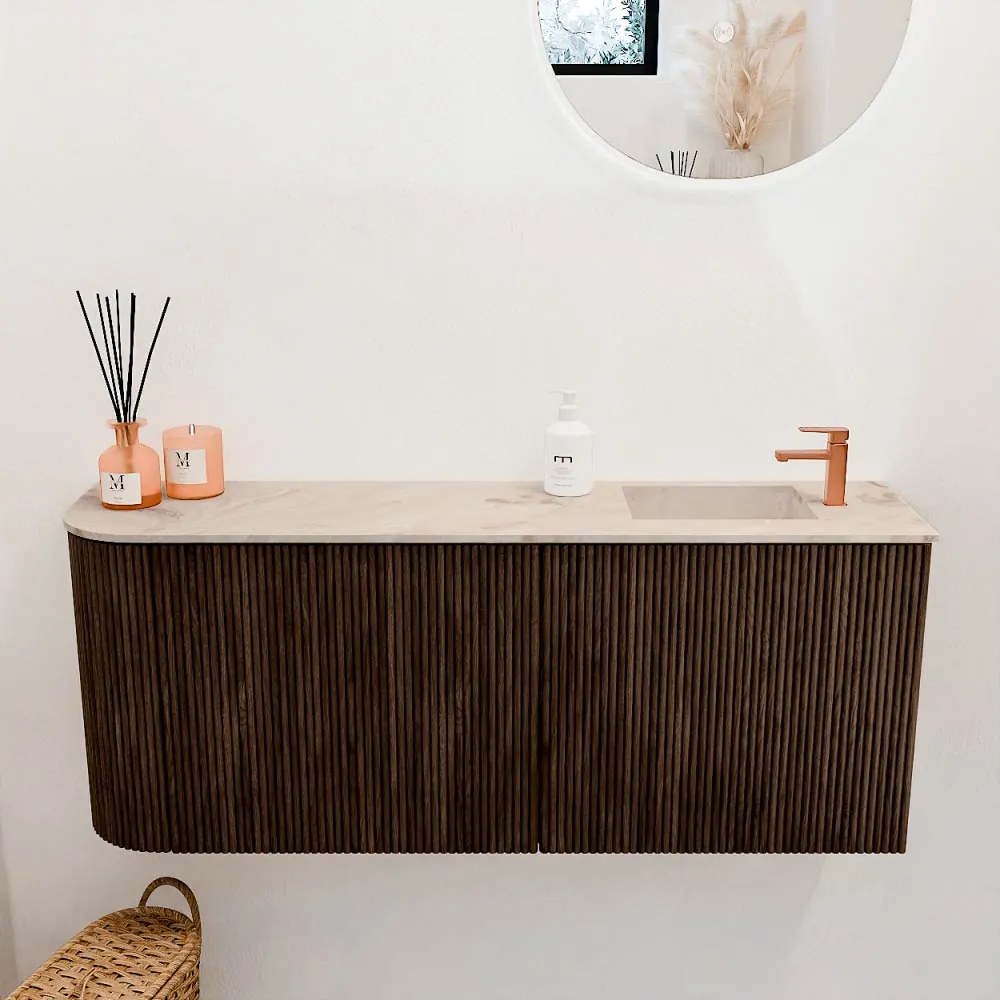 Mondiaz Joya DLux 100cm toiletmeubel ronding links walnut met wastafel faye rechts 1 kraangat frappe