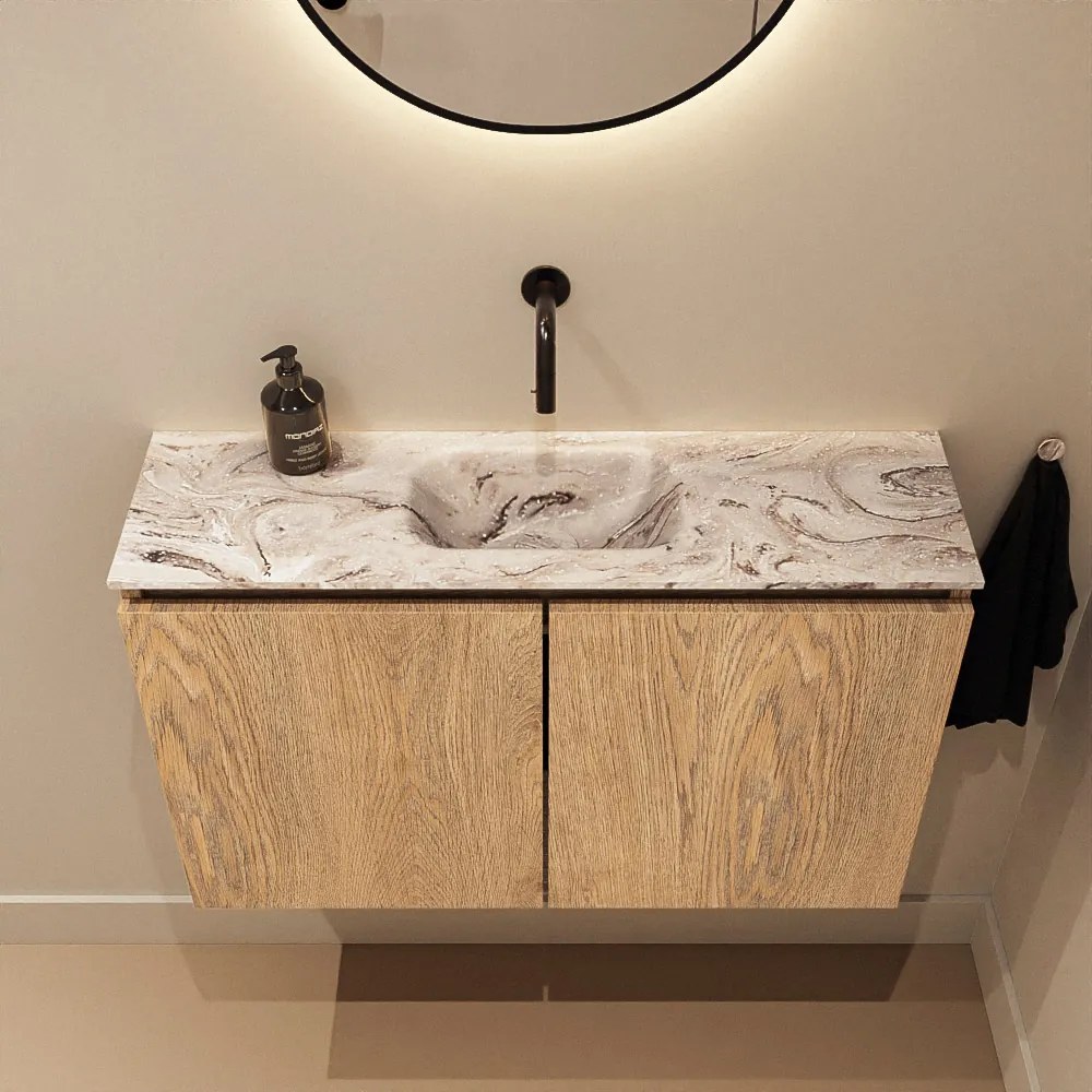 Mondiaz Ture DLux toiletmeubel 80cm washed oak met wastafel glace midden zonder kraangat