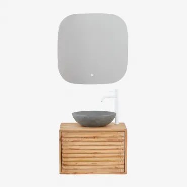 Deleyna Zwevend Houten Badkamermeubelset Natuurlijk Hout & Rond Grijs Cement Ø40 Cm Tarsis & Vierkant Led En Anticondens 75x75 Cm Riben & - Sklum