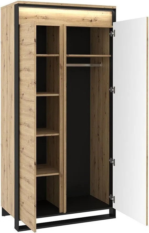 Kledingkast Luliru 126, Zwart, Artisan eiken, 195x95x50cm, 83 kg, Kledingkast deuren: Met scharnieren, Aantal planken: 5, Aantal planken: 5