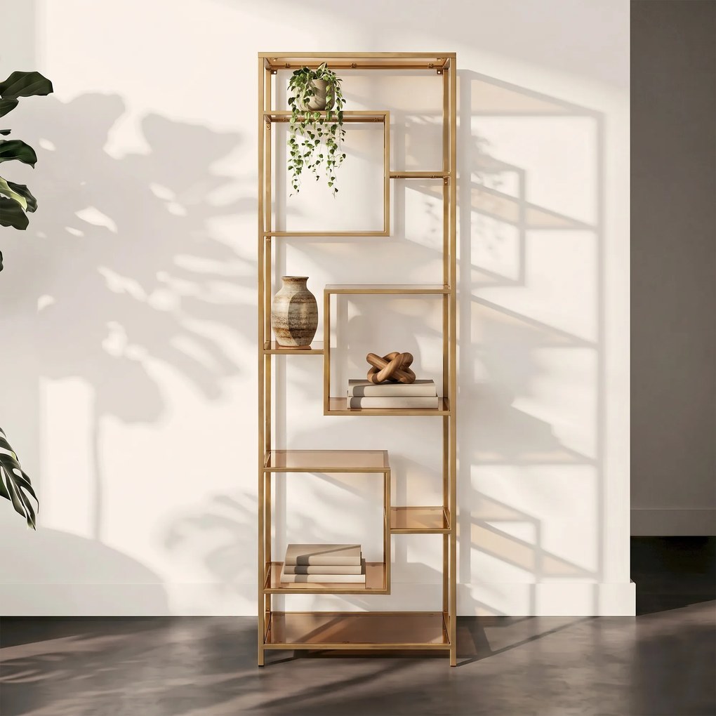 Smal Hoog Wandrek Staal Met Glas Goud - 60x30x195cm.